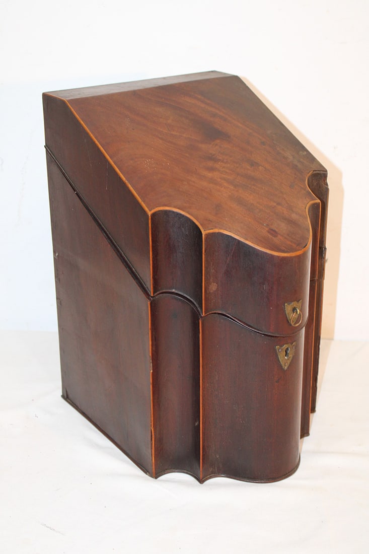 English Georgian style 19th C. knife box. All the inserts inside, inlaid case. Has replaced hinges (1 of 5)