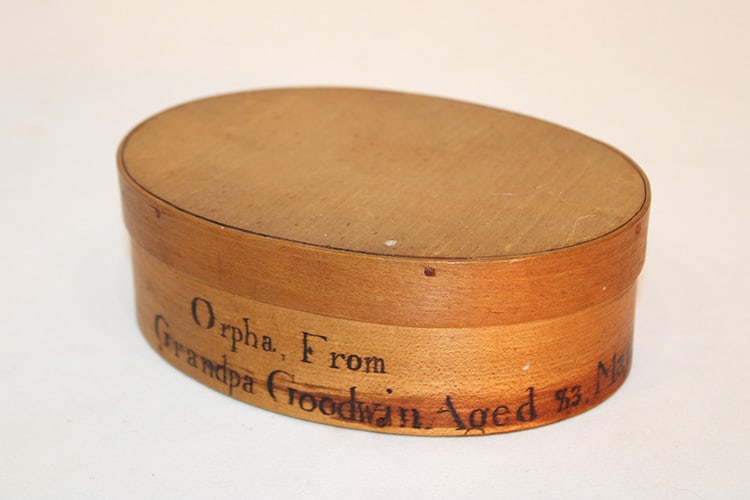 Early oval 6" Shaker box marked Orpha from grandpa Goodwin age 83 March 1864. Has the original top (1 of 6)