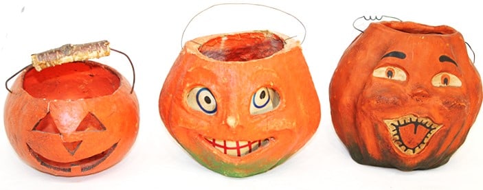 3 vintage Halloween Jack-O-Lantern. 2 are paper mache, 1 is made out of pottery. Estate fresh. (1 of 6)