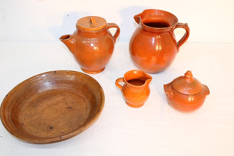 Group of vintage Redware all signed Jugtown including pitcher, tea pot, large bowl, sugar and (1 of 6)