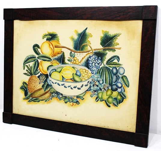 Early American antique Theorem, including blow and fruit. Local estate fresh in nice condition. In a (1 of 3)