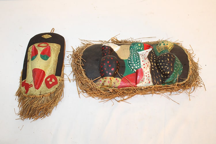 African paint decorated tribal artifacts. Decorated and hand carved with birds, etc. Private (1 of 7)