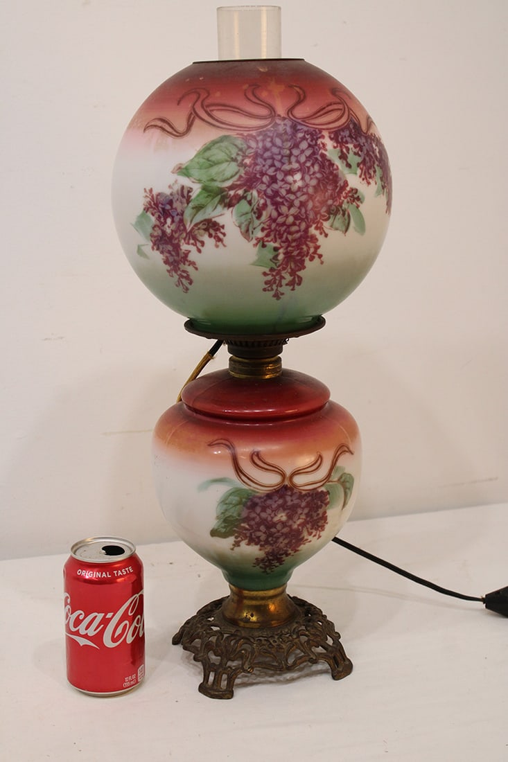 Antique Gone With The Wind lamp with matching lilac. Painted shade and base, all old and original. (1 of 4)