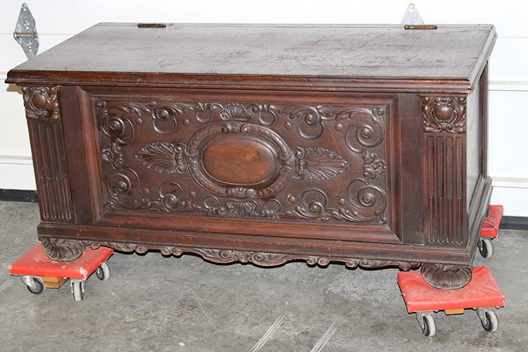 Heavily carved walnut lift top blanket chest. Fancy front, columns, shell feet. All oak lined on the (1 of 5)