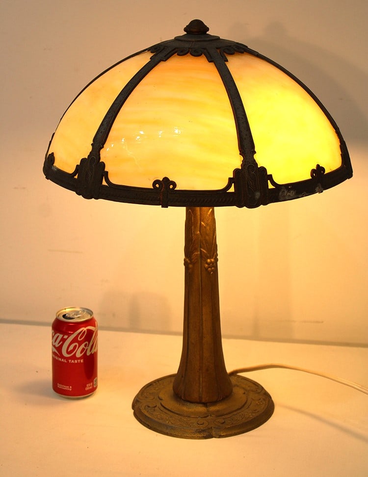Signed "Miller" caramel slag glass table lamp. Antique, all panels are good. Estate fresh. 16" wide, (1 of 4)