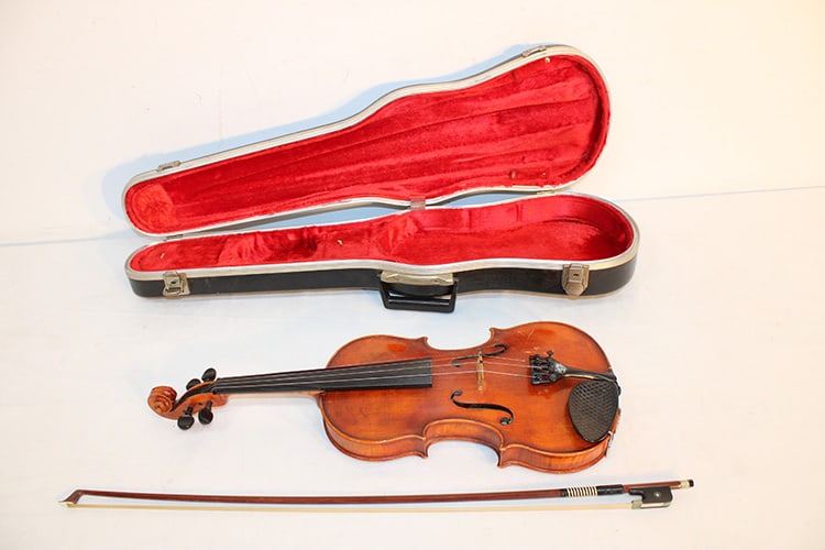 Nice 4/4 violin and bow, both labeled A. Schroetter. In a nice card case. Has a 2 piece tigered (1 of 10)