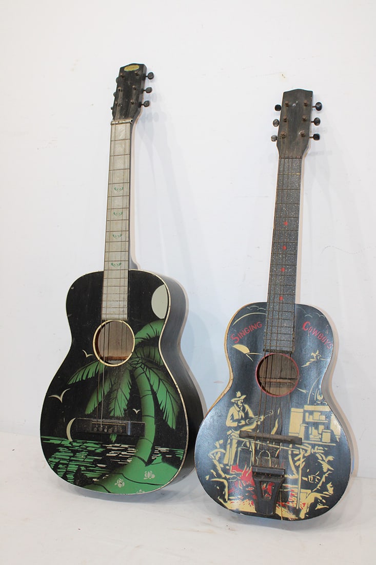 2 antique collectors guitar (1) Harmony (Hawaiian). (1) Singing Cowboy (needs repair). Longest is (1 of 9)
