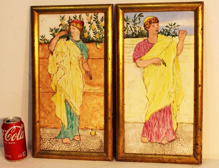 Pair of antique hand painted tiles. Nicely framed in nice condition. Tile is 8" wide, 16" tall.: Pair of antique hand painted tiles. Nicely framed in nice condition. Tile is 8" wide, 16" tall.