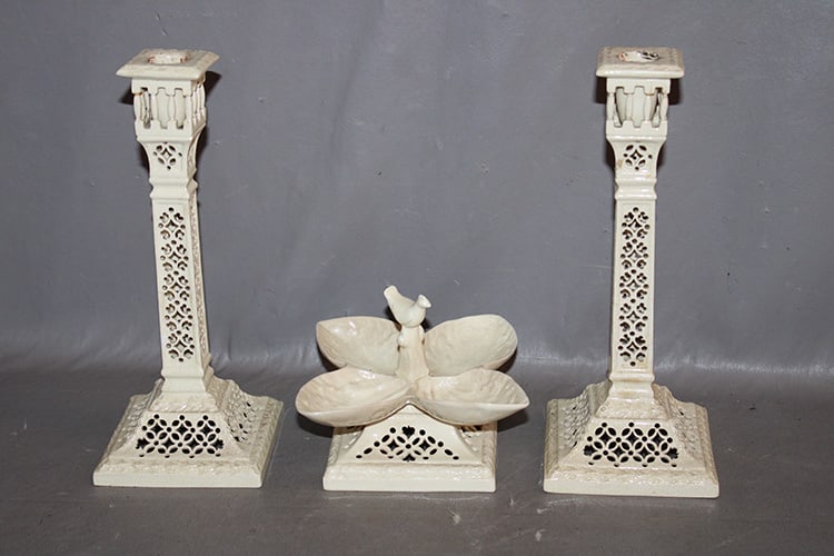 3 pieces of signed Leeds creamware pottery. Estate fresh including pair of reticulated candlesticks (1 of 11)