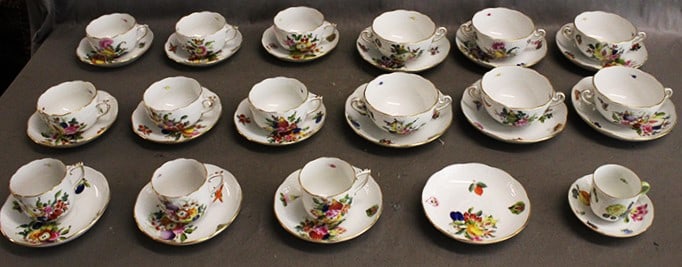 33 pieces of "Herend" porcelain cups and saucers and double handle soups. Hand painted, fruit and: 33 pieces of "Herend" porcelain cups and saucers and double handle soups. Hand painted, fruit and flower pattern Estate fresh in nice condition. Missing 1 cup.