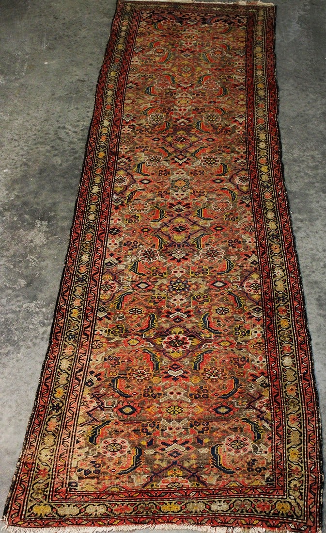 Hand knotted antique estate fresh oriental runner. Nice condition, no moth damage. 10' 6"x3'.: Hand knotted antique estate fresh oriental runner. Nice condition, no moth damage. 10' 6"x3'.