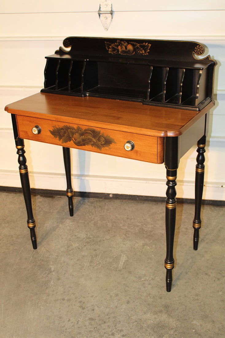 Clean signed Hitchcock writing desk. Ebonized and nicely stenciled fruit. Springfield estate. 32" (1 of 5)