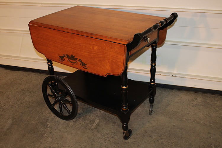 Signed Hitchcock tea cart ebonized and stenciled. Pull up leaves on each end. Nice condition, (1 of 5)