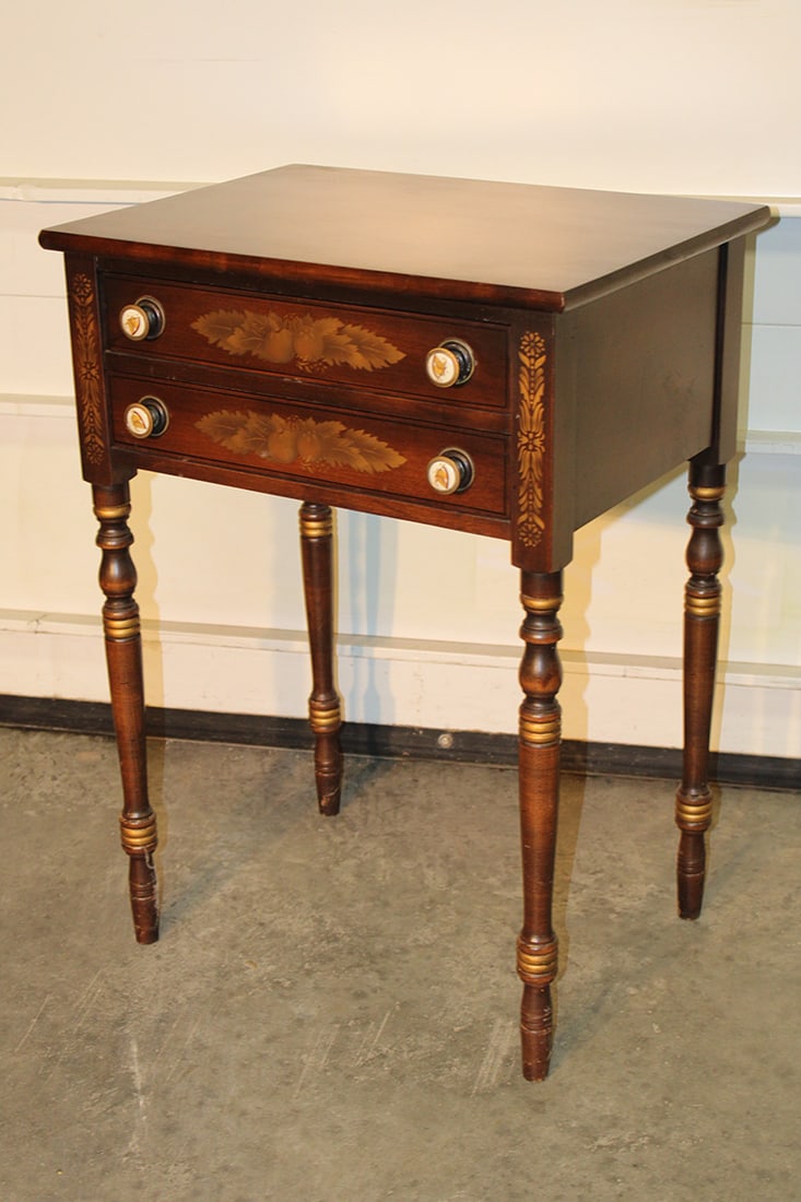 Signed Hitchcock 2 drawer night stand. Nicely stenciled drawers. Signed on the back and in the: Signed Hitchcock 2 drawer night stand. Nicely stenciled drawers. Signed on the back and in the drawer. Nice condition, Springfield estate. 21" wide, 29" tall, 16" deep.