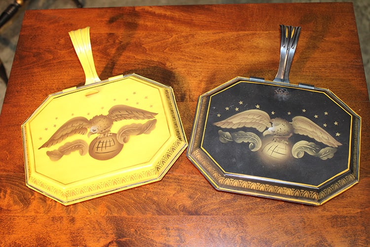2 silent butlers signed Hitchcock. Both with eagle decoration in nice condition. Springfield estate.: 2 silent butlers signed Hitchcock. Both with eagle decoration in nice condition. Springfield estate. Appr. 9x10.