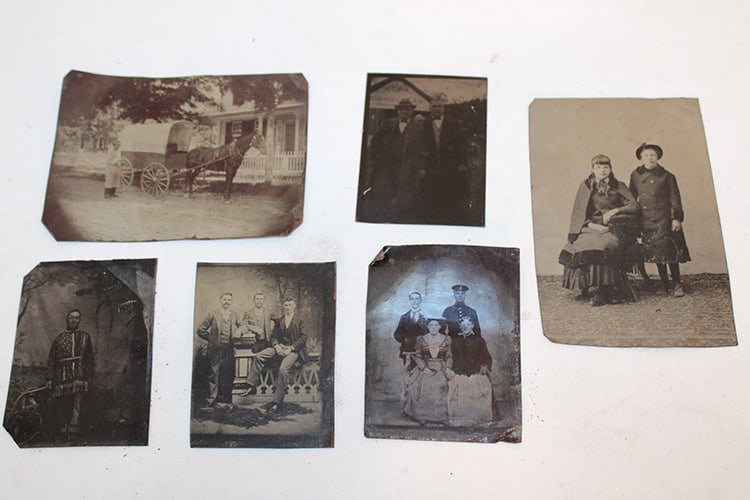 Nice group of 6 early tin types including (1) Native American. In Wabanaki fashion, military, large (1 of 6)