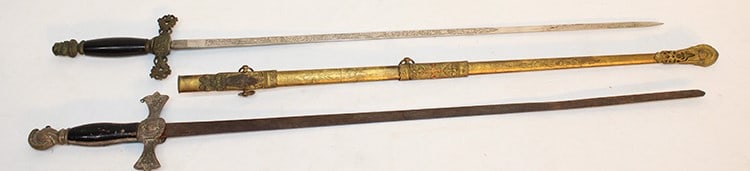 2 nice ceremonial swords (1) engraved with scabbard. Both from Pittsfield estate. Blades are appr. (1 of 7)
