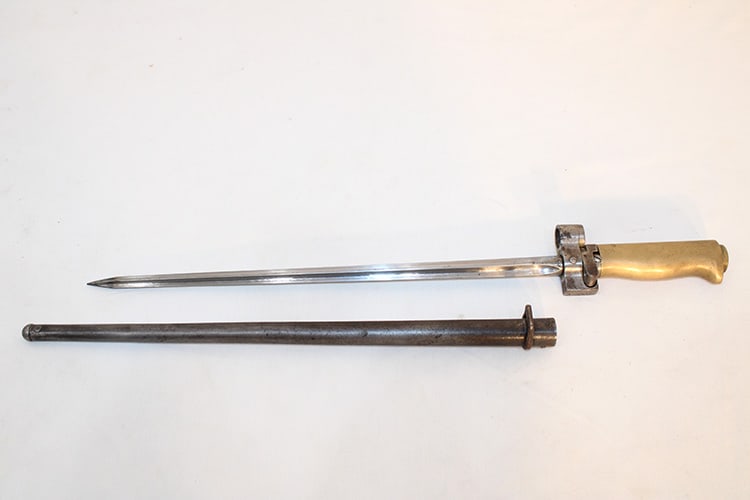 Nice French bayonet with a cruciform blade. Probably 1886 Lebel rifle serial #28411. Spring release (1 of 6)