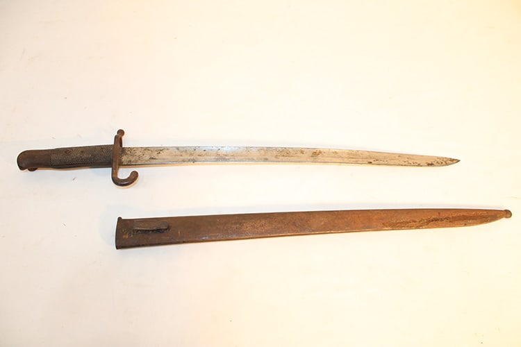 Large antique bayonet and scabbard, lots of markings. Name on the blade looks like St. Striner? The (1 of 8)