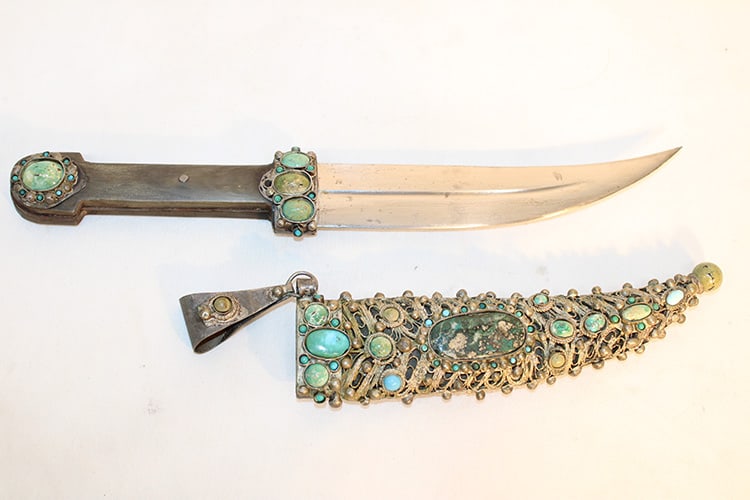 Possibly a Caucasian beibut dagger (silver and turquoise). Double edge blade. Nice condition,: Possibly a Caucasian beibut dagger (silver and turquoise). Double edge blade. Nice condition, Pittsfield estate. Overall length is 12".
