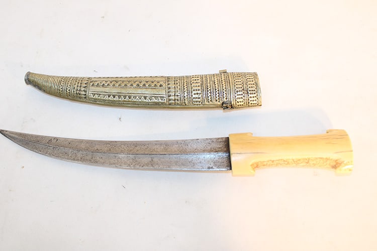 19th C. Albanian dagger, bone handle. Looks to be a silver scabbard (not tested). Pittsfield estate.: 19th C. Albanian dagger, bone handle. Looks to be a silver scabbard (not tested). Pittsfield estate. Total length is 15".