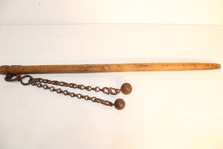 19th C. East Indian flail. Has a heavy wood handle, old rusty chains, and weights. NYC estate. Post: 19th C. East Indian flail. Has a heavy wood handle, old rusty chains, and weights. NYC estate. Post is 37" long.