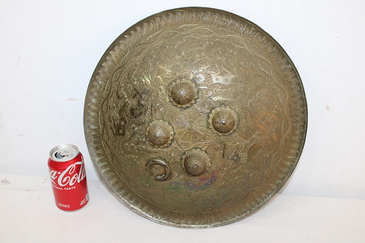 Indo-Persian brass shield (Dhal). Has engraved animals, people, etc. NYC estate. 15.5" across. (1 of 6)