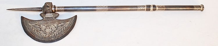 Indian battle axe with inlaid silver. Floral design on the blade, silver damascened. NYC estate. 23" (1 of 5)