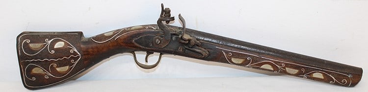 Middle Eastern flint lock musket with silver and M.O.P. inlay. Not able to fire. NYC estate. Overall (1 of 6)