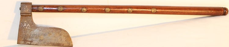 Antique Indo-Persian saddle or ceremonial axe. Etched blade, inlaid handle. NYC estate. Overall (1 of 5)