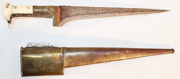 Afghan Pesh-Kabz dagger with sheath, bone handle, etched blade. Nice condition. Estate fresh. 14" (1 of 7)
