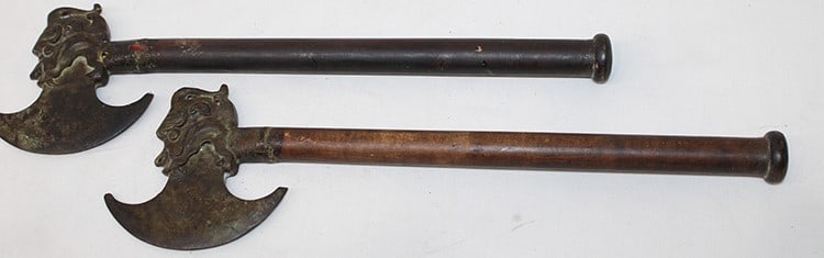 2 Chinese "Demon Face" battle axes. Look to be made of bronze with a wooden handle. Has a great (1 of 5)