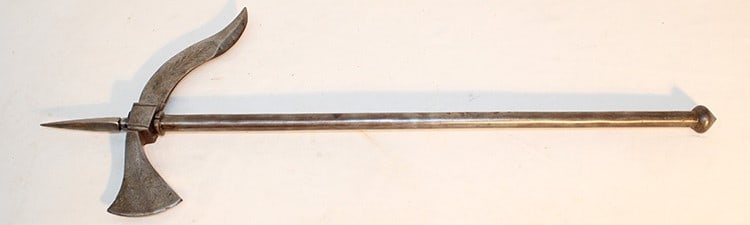 Indian Tabar-Zaghnal axe. Combination tabar (axe) zaghnal (war pick). Can still see some decoration: Indian Tabar-Zaghnal axe. Combination tabar (axe) zaghnal (war pick). Can still see some decoration on the blade. NYC estate. Overall length is 28".