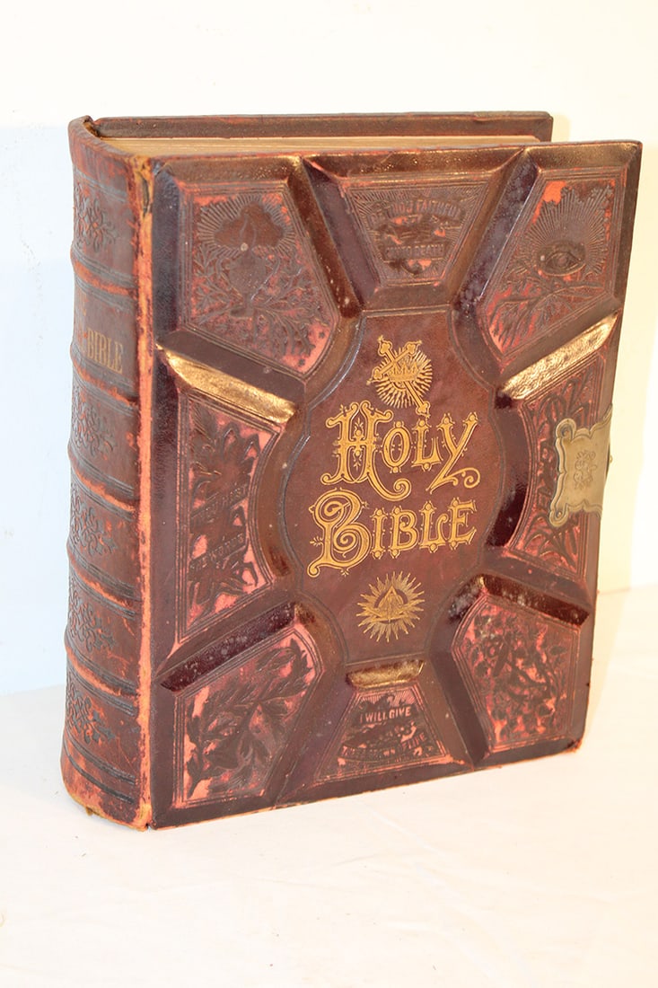 Large 19th C. bible in nice condition with gilded edges. Estate fresh, some minor rubs on the: Large 19th C. bible in nice condition with gilded edges. Estate fresh, some minor rubs on the outside (consistent with age). Very nice solid book. Appr. size 10" wide, 13" tall, 5" deep.