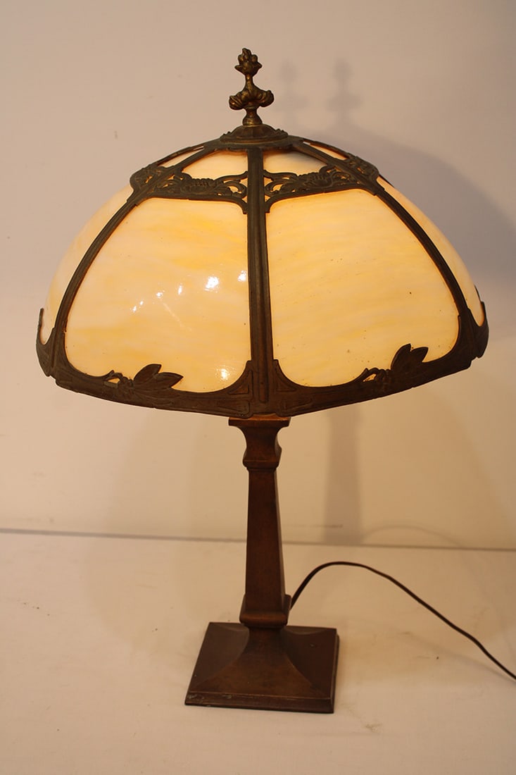 Nice caramel slag glass lamp with a signed Handel base. Antique, all panels are good. Estate fresh. (1 of 5)