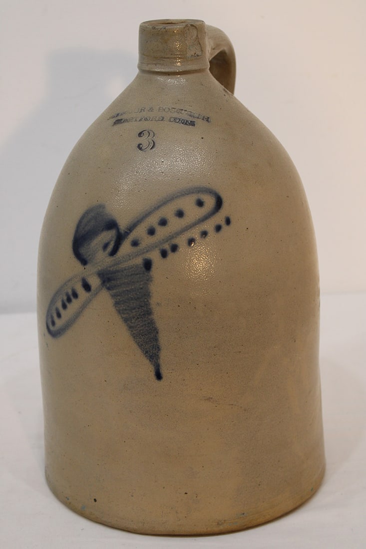 3 gallon jug by Seymour & Bosworth with a dragonfly style cobalt blue decoration, Hartford CT. (1 of 5)