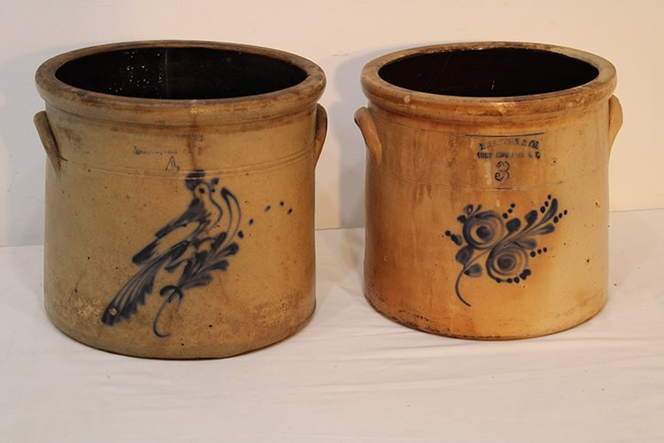 2 cobalt blue crocks (1) Frank Norton Worcester MA with bird 4 gallon. (1) Haxstun & Co. Fort (1 of 5)