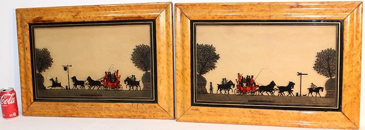 Pair of 19th C. reversed painted silhouette (road to the Derby 1827). Returning from the Derby 1827 (1 of 6)