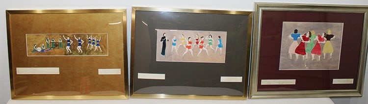 3 hand painted Ethel parsons Paullin paintings. Professionally framed titled Festive Rhythm's,: 3 hand painted Ethel parsons Paullin paintings. Professionally framed titled Festive Rhythm's, Beginners Class, The Polka Theme. Estate fresh in nice condition. Largest with frame 27" wide, 21" tall.
