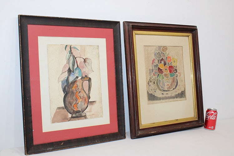 2 estate fresh watercolors signed A. Wannrich. Nicely framed, some foxing. Both are floral. Size (1 of 6)