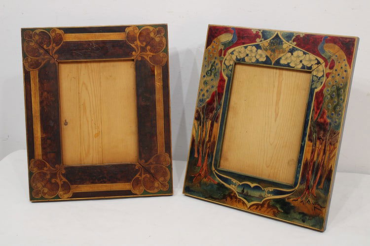 Fabulous pair of antique hand painted nouveau frames. Very colorful, 1 with pheasants C. 1910-1930.: Fabulous pair of antique hand painted nouveau frames. Very colorful, 1 with pheasants C. 1910-1930. 12.5" wide, 15.5" tall.