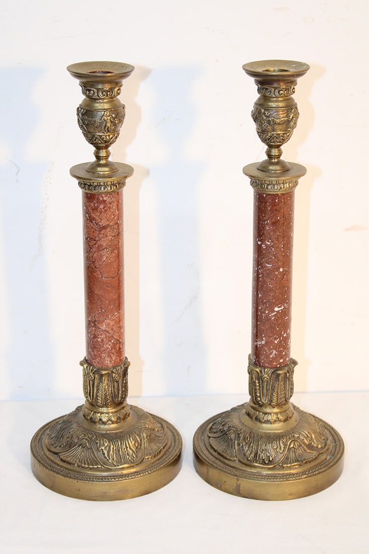 Pretty 14" bronze and marble candlesticks. Marked Bilthmore estate collection. Nice rose colored: Pretty 14" bronze and marble candlesticks. Marked Bilthmore estate collection. Nice rose colored marble centers.