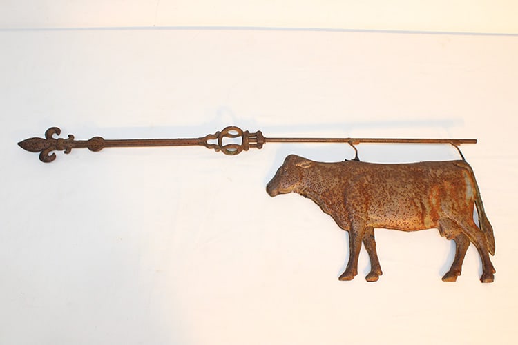Antique hollow body cow weathervane. Nice patina, no bullet holes. Magnet sticks, has surface rust.: Antique hollow body cow weathervane. Nice patina, no bullet holes. Magnet sticks, has surface rust. Estate fresh. 33" wide, 11" long.
