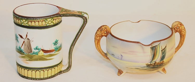 2 nice scenic Nippon pieces with moriage decoration including a handle mug with a windmill cream: 2 nice scenic Nippon pieces with moriage decoration including a handle mug with a windmill cream with sailing ships. All in nice condition. Tallest is 4.5".