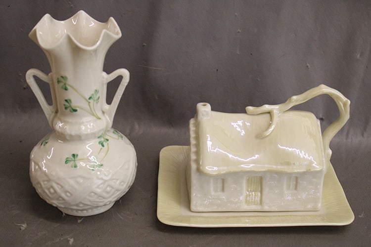 Belleek cottage house butter dish and vase with black mark. Estate fresh, both in very nice: Belleek cottage house butter dish and vase with black mark. Estate fresh, both in very nice condition. Vase is 6.5" tall.