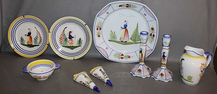 Group of estate fresh Henriot Quimper pottery. All in nice condition including 13.5" charger, pair: Group of estate fresh Henriot Quimper pottery. All in nice condition including 13.5" charger, pair of wall pockets, pair of candlesticks, pitcher, plates and bowls.