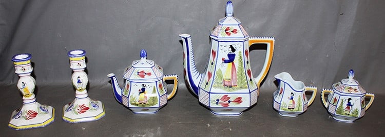 Henriot Quimper tea and coffee pot, sugar and creamer and candlesticks. Estate fresh in nice: Henriot Quimper tea and coffee pot, sugar and creamer and candlesticks. Estate fresh in nice condition. Tallest is 10"