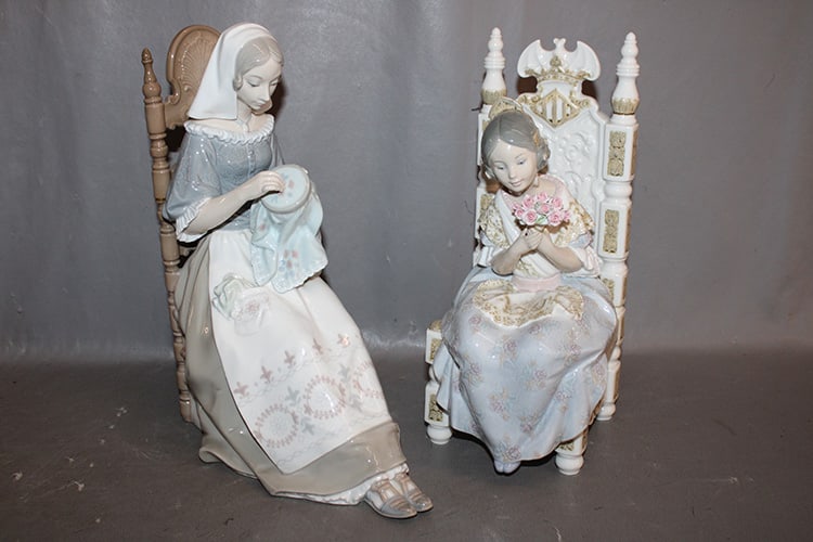 2 large Lladro porcelain figures of ladies in chairs. (1) Lady Embroiderer #4865, (1) Appreciation (1 of 9)