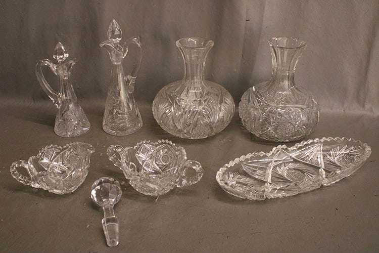 Group of American brilliant cut glass including 2 decanters. Sugar and creamer, Cruets celery dish (1 of 5)