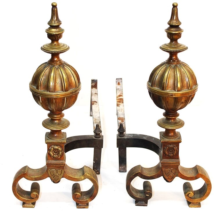 Super pair of classical antique brass andiron with bulbous center. Rosette design, cast iron (1 of 5)